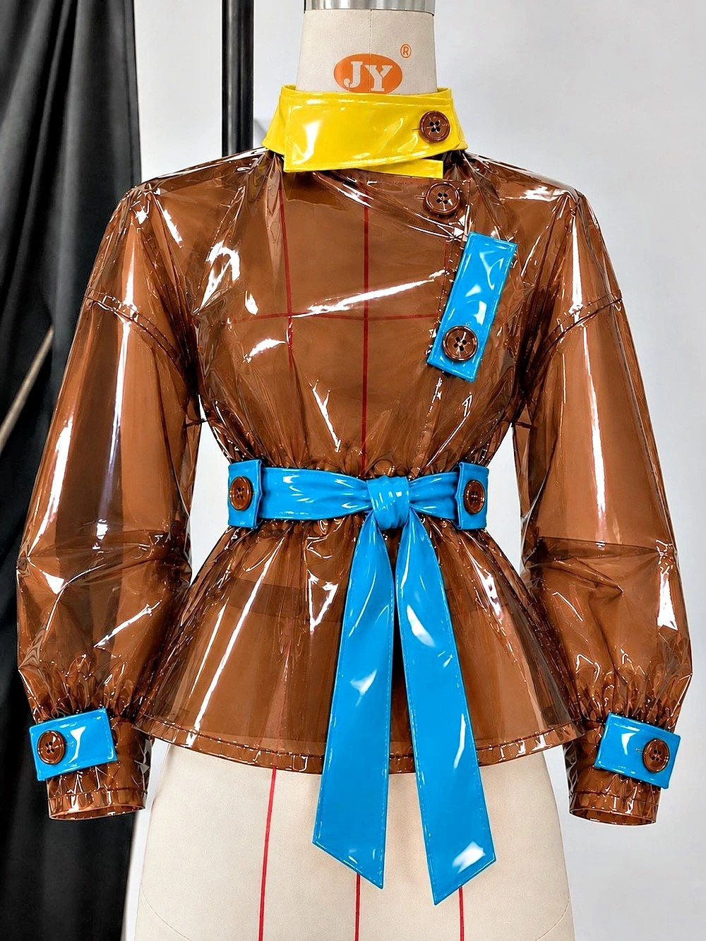 Vinyl-Look Belted Trench Coat in Brown & Blue Like New